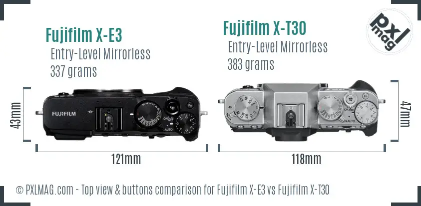Fujifilm X-E3 vs Fujifilm X-T30 top view buttons comparison