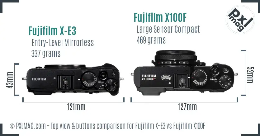 Fujifilm X-E3 vs Fujifilm X100F top view buttons comparison Fujifilm X-E3 vs Fujifilm X100F top view buttons comparison