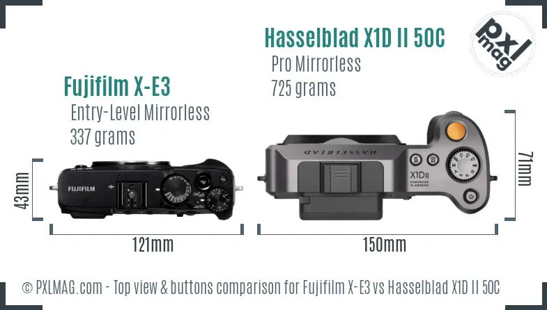 Fujifilm X-E3 vs Hasselblad X1D II 50C top view buttons comparison Fujifilm X-E3 vs Hasselblad X1D II 50C top view buttons comparison
