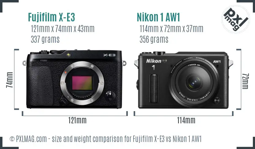 Fujifilm X-E3 vs Nikon 1 AW1 size comparison