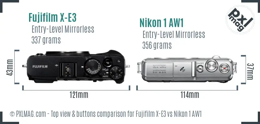 Fujifilm X-E3 vs Nikon 1 AW1 top view buttons comparison