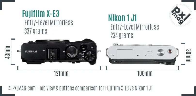 Fujifilm X-E3 vs Nikon 1 J1 top view buttons comparison