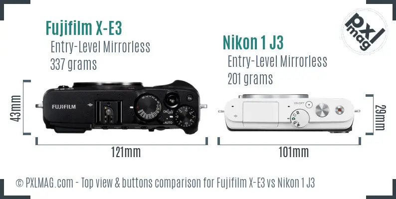 Fujifilm X-E3 vs Nikon 1 J3 top view buttons comparison