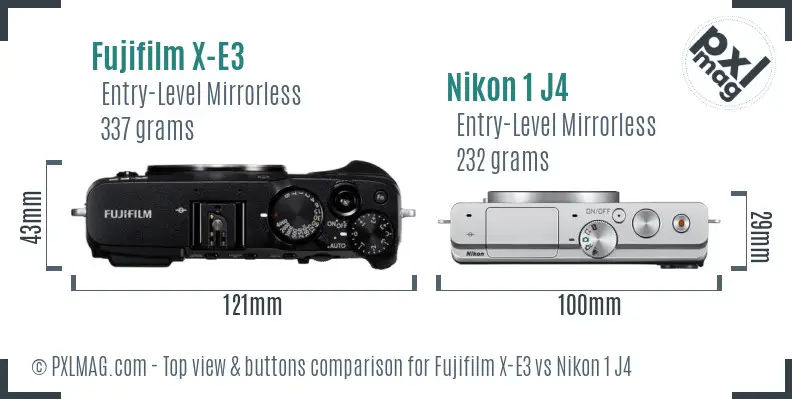Fujifilm X-E3 vs Nikon 1 J4 top view buttons comparison