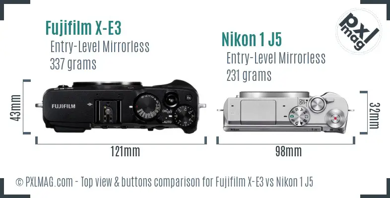 Fujifilm X-E3 vs Nikon 1 J5 top view buttons comparison