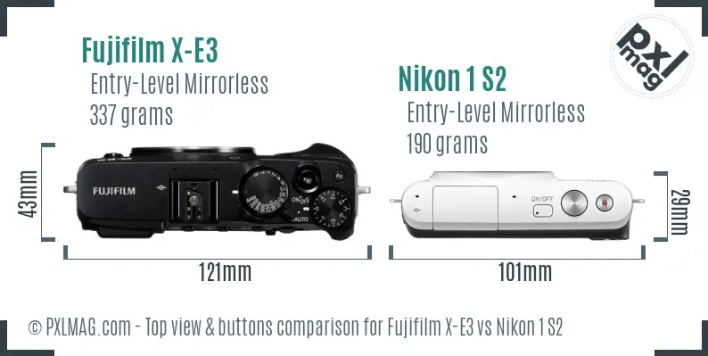 Fujifilm X-E3 vs Nikon 1 S2 top view buttons comparison