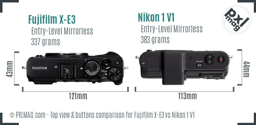 Fujifilm X-E3 vs Nikon 1 V1 top view buttons comparison