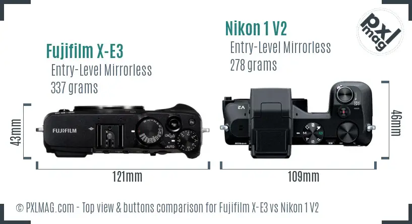 Fujifilm X-E3 vs Nikon 1 V2 top view buttons comparison Fujifilm X-E3 vs Nikon 1 V2 top view buttons comparison