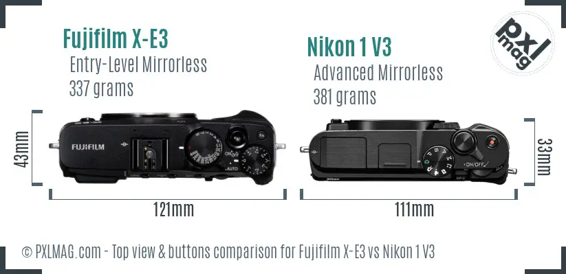 Fujifilm X-E3 vs Nikon 1 V3 top view buttons comparison