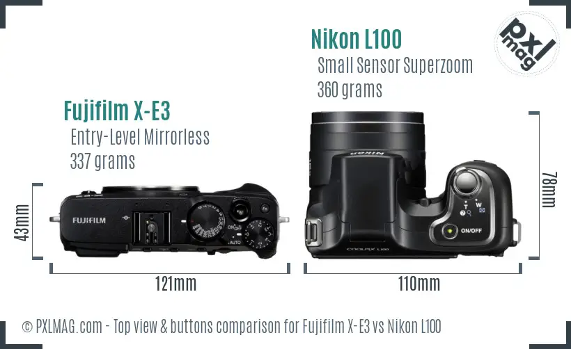 Fujifilm X-E3 vs Nikon L100 top view buttons comparison