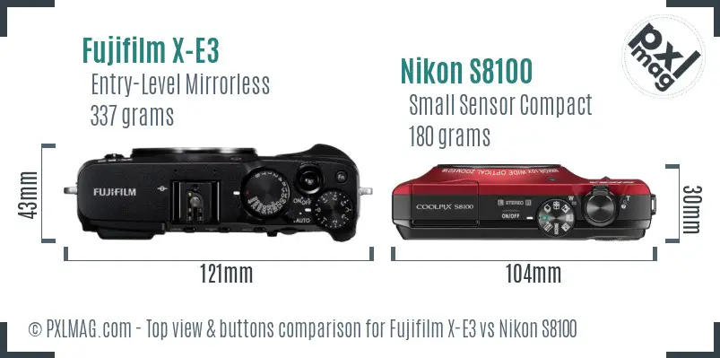 Fujifilm X-E3 vs Nikon S8100 top view buttons comparison
