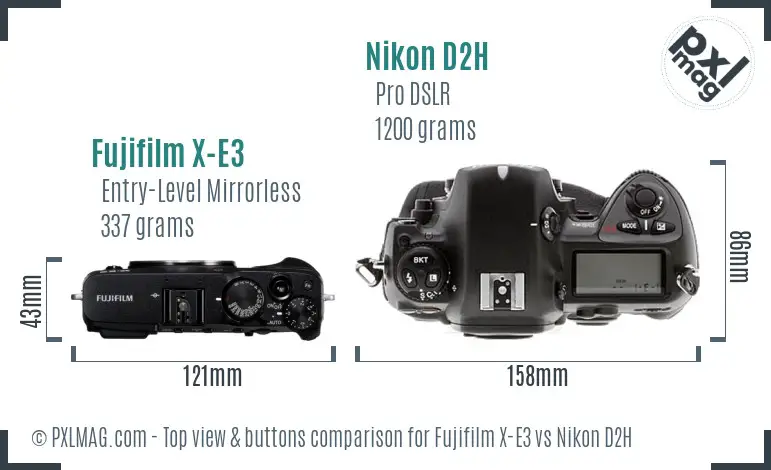 Fujifilm X-E3 vs Nikon D2H top view buttons comparison