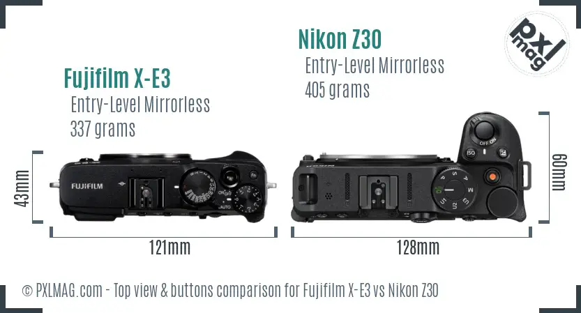 Fujifilm X-E3 vs Nikon Z30 top view buttons comparison