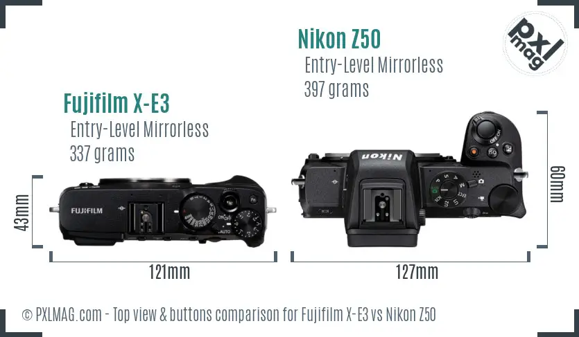 Fujifilm X-E3 vs Nikon Z50 top view buttons comparison