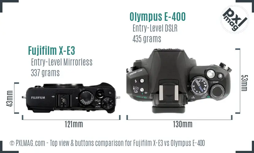 Fujifilm X-E3 vs Olympus E-400 top view buttons comparison
