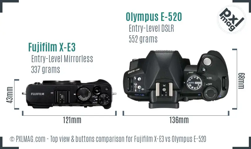 Fujifilm X-E3 vs Olympus E-520 top view buttons comparison