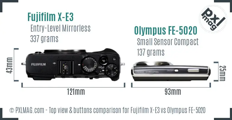 Fujifilm X-E3 vs Olympus FE-5020 top view buttons comparison