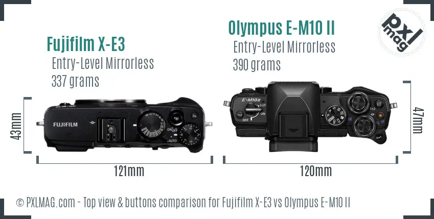 Fujifilm X-E3 vs Olympus E-M10 II top view buttons comparison