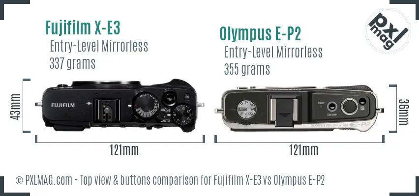Fujifilm X-E3 vs Olympus E-P2 top view buttons comparison
