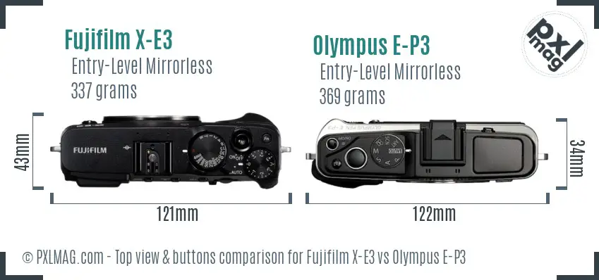 Fujifilm X-E3 vs Olympus E-P3 top view buttons comparison