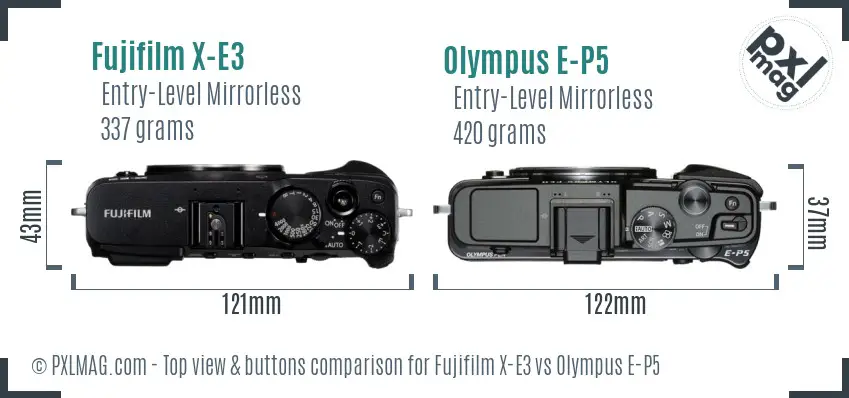 Fujifilm X-E3 vs Olympus E-P5 top view buttons comparison