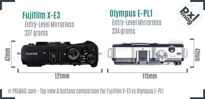 Fujifilm X-E3 vs Olympus E-PL1 top view buttons comparison