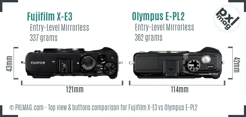 Fujifilm X-E3 vs Olympus E-PL2 top view buttons comparison