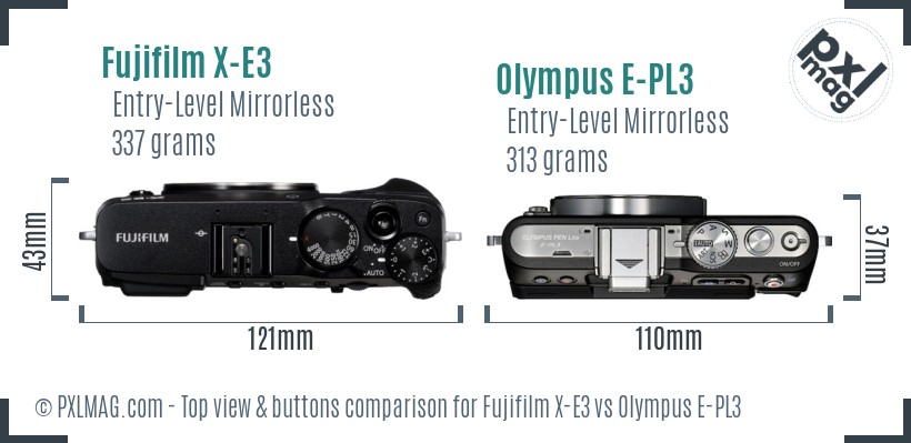 Fujifilm X-E3 vs Olympus E-PL3 top view buttons comparison