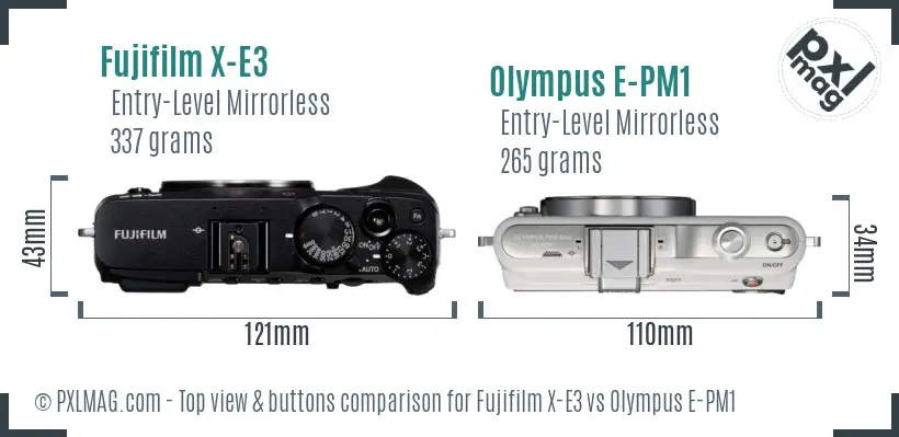 Fujifilm X-E3 vs Olympus E-PM1 top view buttons comparison