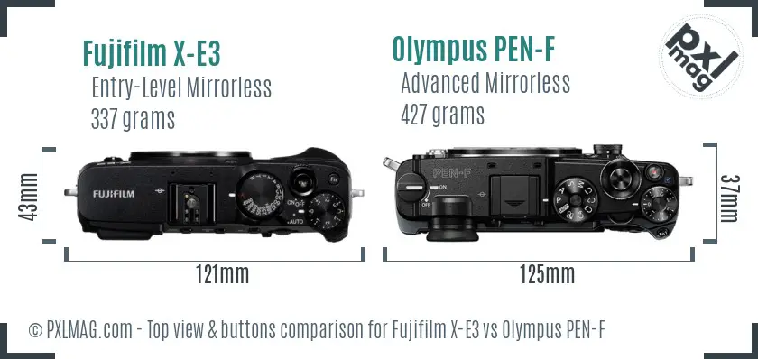 Fujifilm X-E3 vs Olympus PEN-F top view buttons comparison