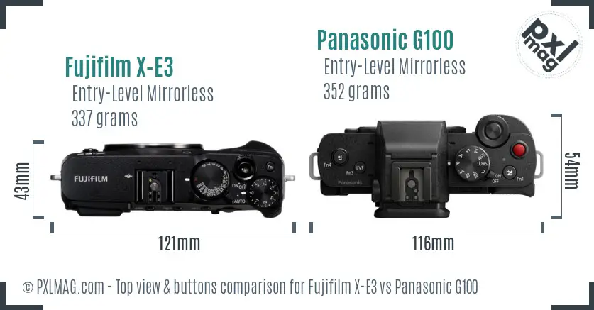 Fujifilm X-E3 vs Panasonic G100 top view buttons comparison Fujifilm X-E3 vs Panasonic G100 top view buttons comparison