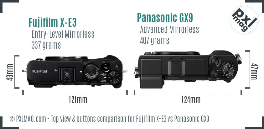 Fujifilm X-E3 vs Panasonic GX9 top view buttons comparison