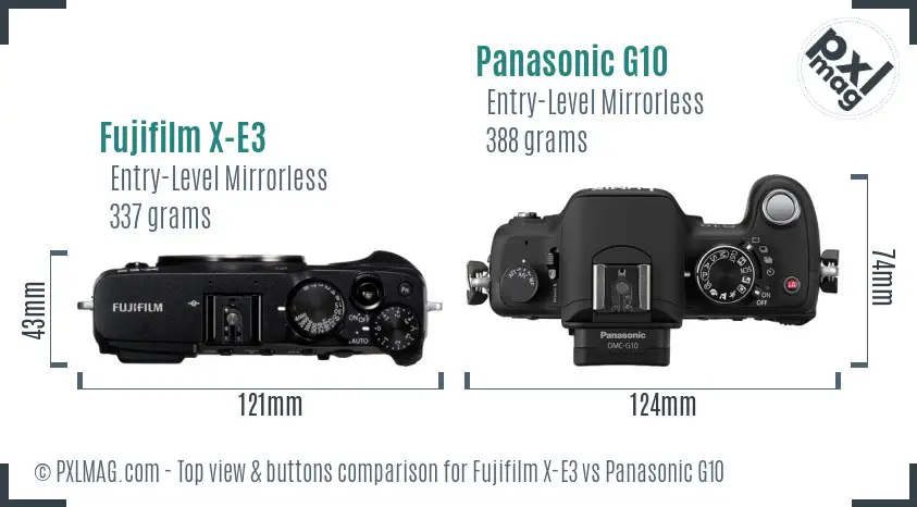 Fujifilm X-E3 vs Panasonic G10 top view buttons comparison