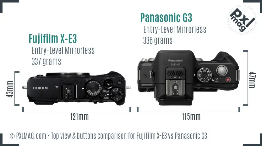 Fujifilm X-E3 vs Panasonic G3 top view buttons comparison Fujifilm X-E3 vs Panasonic G3 top view buttons comparison