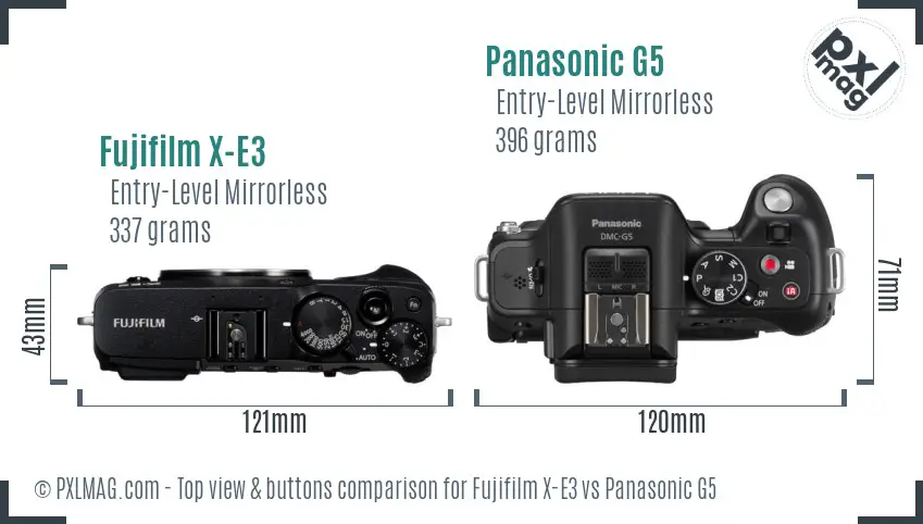 Fujifilm X-E3 vs Panasonic G5 top view buttons comparison