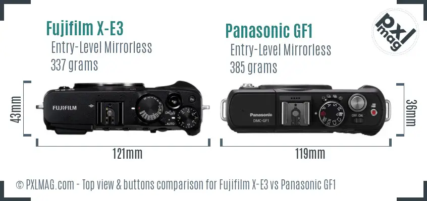 Fujifilm X-E3 vs Panasonic GF1 top view buttons comparison