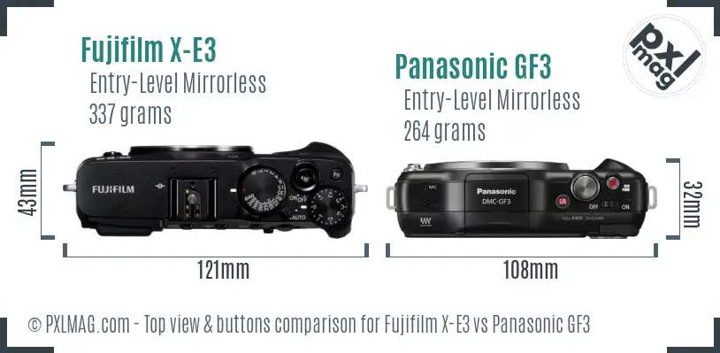 Fujifilm X-E3 vs Panasonic GF3 top view buttons comparison