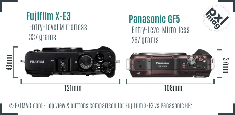 Fujifilm X-E3 vs Panasonic GF5 top view buttons comparison