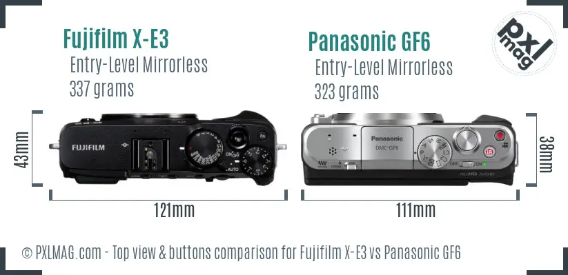 Fujifilm X-E3 vs Panasonic GF6 top view buttons comparison