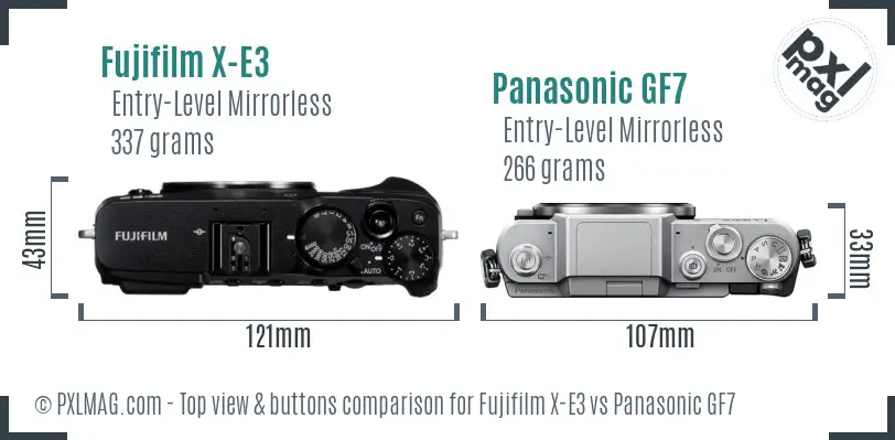 Fujifilm X-E3 vs Panasonic GF7 top view buttons comparison