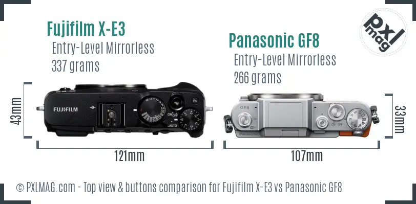 Fujifilm X-E3 vs Panasonic GF8 top view buttons comparison
