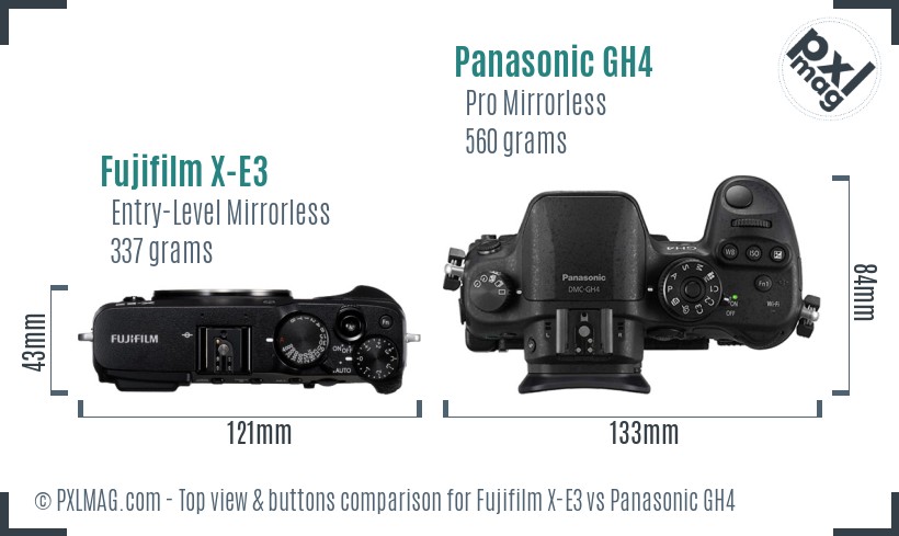 Fujifilm X-E3 vs Panasonic GH4 top view buttons comparison