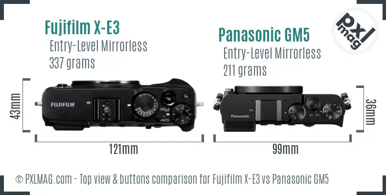 Fujifilm X-E3 vs Panasonic GM5 top view buttons comparison
