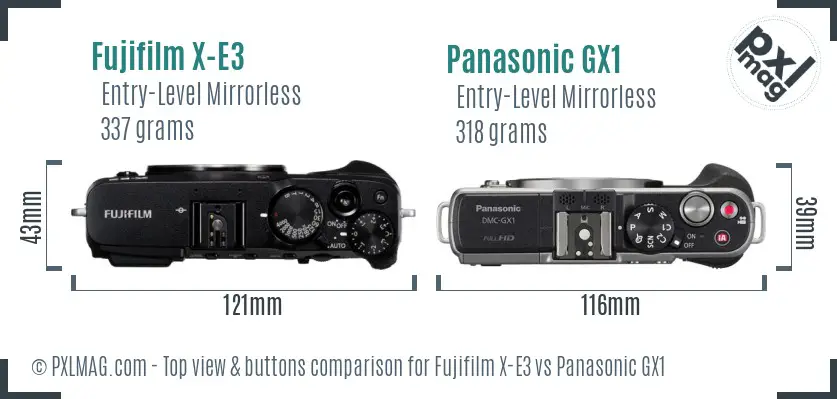 Fujifilm X-E3 vs Panasonic GX1 top view buttons comparison