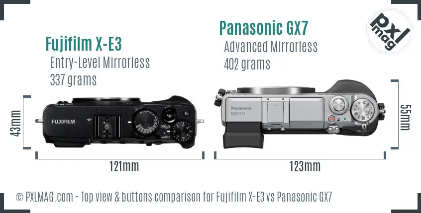Fujifilm X-E3 vs Panasonic GX7 top view buttons comparison