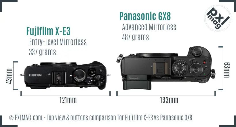 Fujifilm X-E3 vs Panasonic GX8 top view buttons comparison Fujifilm X-E3 vs Panasonic GX8 top view buttons comparison