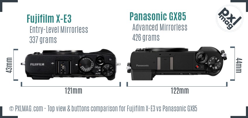 Fujifilm X-E3 vs Panasonic GX85 top view buttons comparison