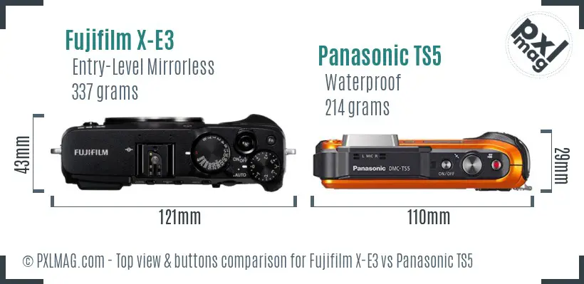 Fujifilm X-E3 vs Panasonic TS5 top view buttons comparison