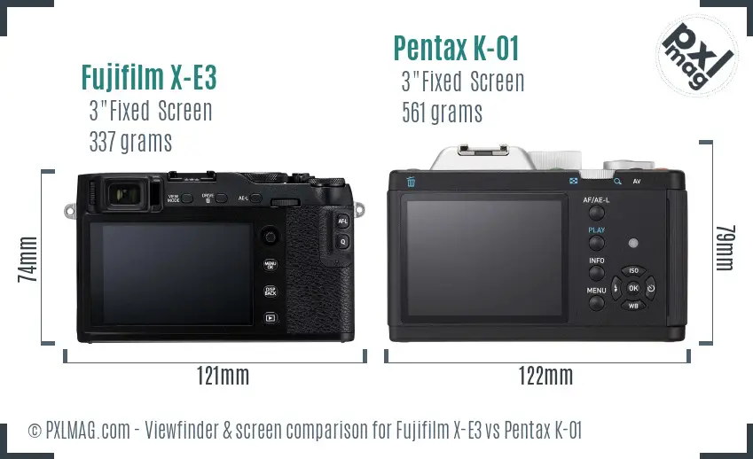 Fujifilm X-E3 vs Pentax K-01 Screen and Viewfinder comparison