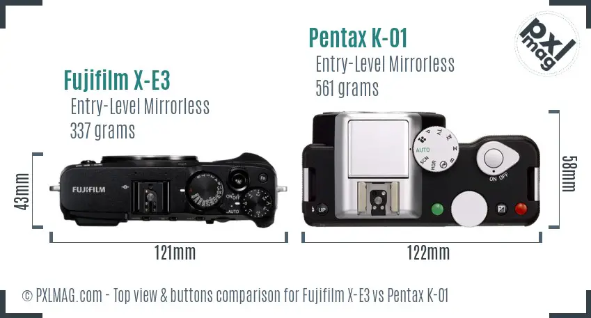 Fujifilm X-E3 vs Pentax K-01 top view buttons comparison